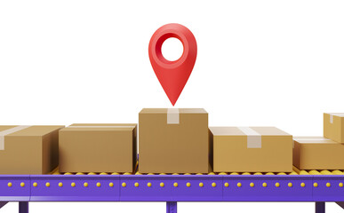 Poster - Cardboard boxes on conveyor belt with red location marker above, isolated on white background. Concept of delivery and logistics. 3D Rendering