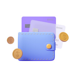 Poster - Blue wallet with credit cards and coins on white background. 3D Rendering. Financial concept