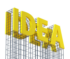 Poster - Yellow IDEA text with wireframe design on white background. Concept of creativity and innovation. 3D Rendering