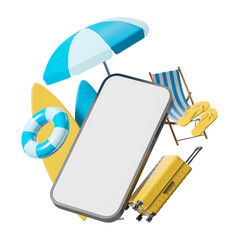 Poster - smartphone mockup with travel items like suitcase, umbrella, surfboard, chair, and flip-flops on whi