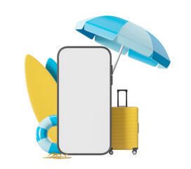Poster - smartphone mockup with blank screen surrounded by travel items like a suitcase and umbrella. isolate