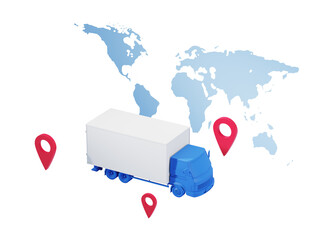 Poster - Blue delivery truck with red location pins on a world map. Isolated on a white background. Concept of global logistics. 3D Rendering