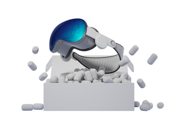 Poster - VR headset with blue lenses, displayed with packaging and white background, concept of technology and innovation. 3D Rendering
