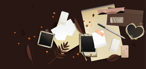 Poster - Vintage composition on dark brown background with torn papers, blank photo frames, spiral notebook, tickets and envelope decorated with leaf elements and beads. Newspaper collage or scrapbooking.