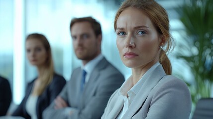Poster - A woman with a red headband sits in a room with two men