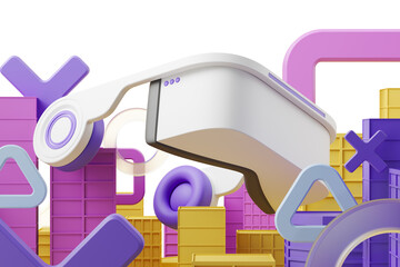 Poster - VR headset illustration surrounded by colorful geometric shapes on a white background. Concept of virtual reality. 3D Rendering