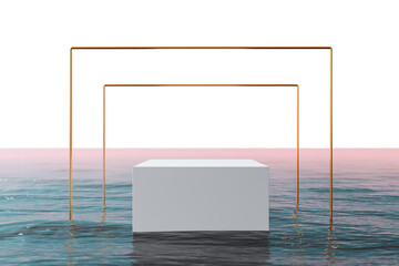 Poster - White podium with gold frames on water, minimalistic style, pink horizon. Concept of elegance and modern presentation. 3D Rendering