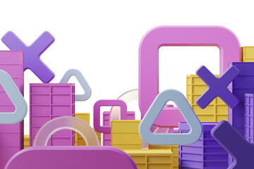 Poster - Colorful geometric shapes and blocks in purple, yellow, and blue on a white background. Concept of games and creativity. 3D Rendering
