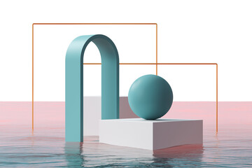 Poster - Abstract geometric shapes in a minimalist design set over a reflective water surface with a white background. Concept of modern art. 3D Rendering