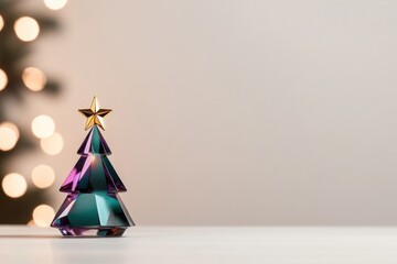 Wall Mural - Crystal christmas tree shining with golden star on white table