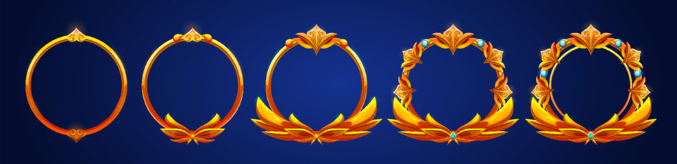 Poster - decorative golden game frames with growing levels of ornate details. cartoon vector circular avatar 