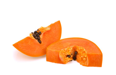 Wall Mural - cut ripe papaya with seeds on white background