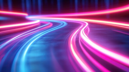 Poster - A 3D rendered, abstract design with motion-filled neon ribbons and soft blurry lines, creating an illusion of movement and high-energy light paths.