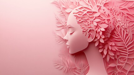 Poster - A creative paper art depiction of a woman in profile, surrounded by intricate cut-out designs, set against a smooth pink backdrop.