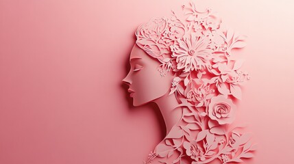 Poster - A creative paper art depiction of a woman in profile, surrounded by intricate cut-out designs, set against a smooth pink backdrop.