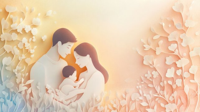 A loving family in paper cut style, with dad, mum, and baby, all in soft pastel tones against a gentle, textured background that evokes warmth and tenderness.