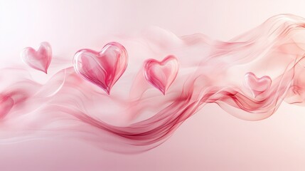 Poster - A romantic Valentine Day design with hearts drifting through the air, set on a light pink background with soft, flowing lines.
