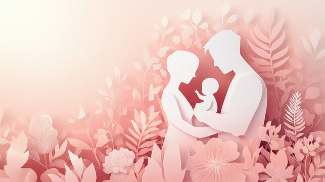 A tender paper cut-style image of a family with mom, dad, and baby, using soft pastel shades to create a cozy, loving atmosphere.