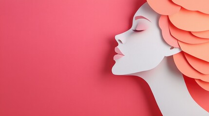 Poster - An abstract paper art portrait of a woman on a minimal pink background, with clean lines and a modern artistic style.