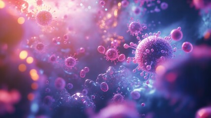 Poster - Close-up of microscopic blood cells and viruses in a digital 3D render, with a focus on viral infection.