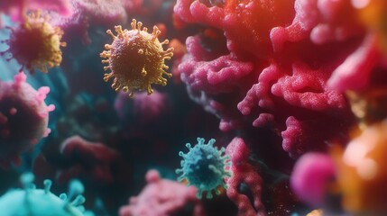 Poster - Colorful 3D visualization of virus cells attacking blood, close-up view of interaction at microscopic scale.