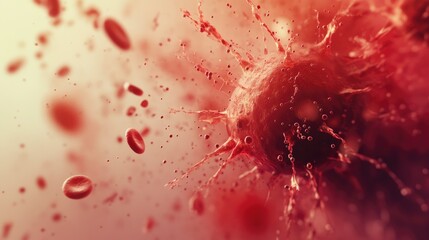 Poster - Colorful 3D visualization of virus cells attacking blood, close-up view of interaction at microscopic scale.