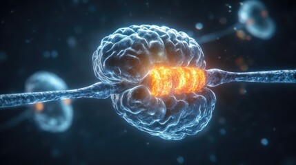 Poster - Concept of neuron cells and synapse sending electrical chemical signals in the brain, glowing blue background.