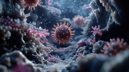 Poster - Detailed 3D microscopic view of a virus interacting with antibodies, showcasing immune response at cellular level.