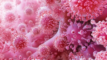 Poster - Detailed 3D microscopic view of a virus interacting with antibodies, showcasing immune response at cellular level.