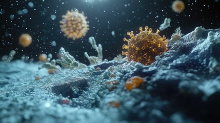 Poster - Detailed 3D microscopic view of a virus interacting with antibodies, showcasing immune response at cellular level.