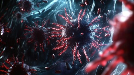 Poster - Digital rendering of a virus surrounded by antibodies in the bloodstream, illustrating immune defense mechanism.