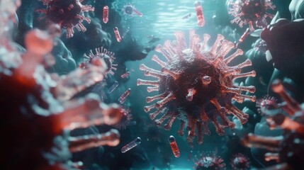 Poster - Digital rendering of a virus surrounded by antibodies in the bloodstream, illustrating immune defense mechanism.