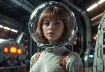 white girl astronaut in stylish retro spacesuit from 60s science fiction movies cinematic light