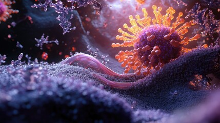 Poster - Microscopic view of a virus being neutralized by antibodies in human blood, digital 3D rendering.