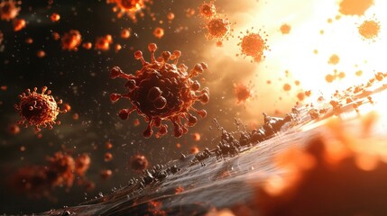 Poster - Scientific 3D render showing how antibodies interact with viruses, with a focus on immune system function.