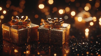 Poster - Two golden boxes with bows on them are on a dark background