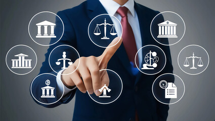 Poster - A lawyer who possesses justice icons. Virtual symbols representing justice, law, and legal services are touched by a qualified legal practitioner. business laws, notaries public, internet legal counse