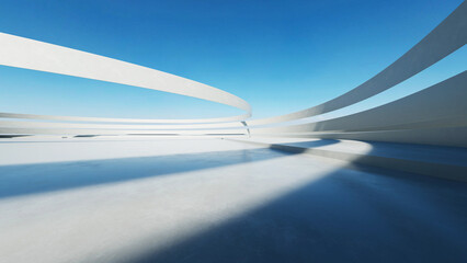 Poster - 3d render of white futuristic architecture, abstract wavy structure with empty concrete floor