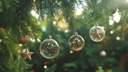 Wall Mural - A set of festive ornaments, including glass baubles and star-shaped decorations, hanging on a lush evergreen tree as it glimmers with bright lights.