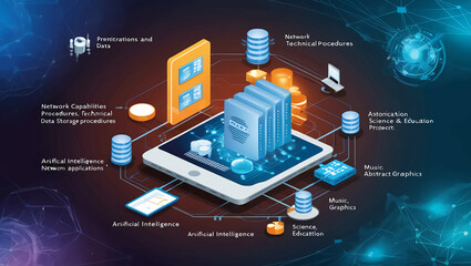Poster - Ideal for illustrating a variety of applications, such as network capabilities, technical procedures, data storage, artificial intelligence, music, graphics, science, and education, this digital abstr
