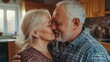 © Roman - An Elderly Couple Shares a Tender Moment in Their Cozy Kitchen, Smiling and Embracing Each Other Lovingly in the Warm Afternoon Light, Showcasing Their Enduring Affection and Companionship