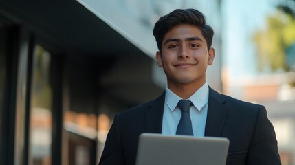 Aufkleber - A man in a suit and tie is smiling and holding a laptop