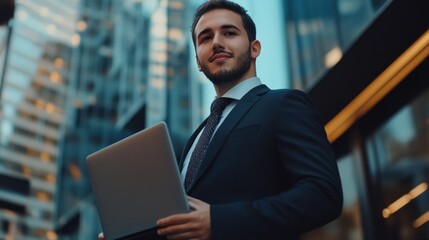 Aufkleber - A man in a suit holding a laptop in front of a building