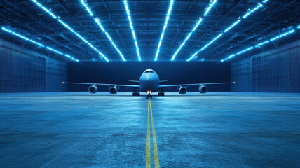 Poster - Futuristic Cargo Plane in a High-Tech Hangar with Robotic Arms Displaying Advanced Aircraft Technology and Innovative Aerial Transport Solutions