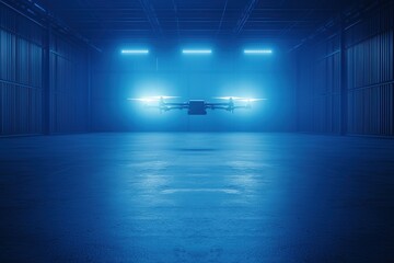 Poster - Automated Cargo Transport Facility with Drones in a High-Tech Environment Featuring Futuristic Lighting and Sleek Design for Efficient Operations