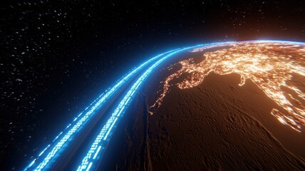Poster - Illuminated Digital Globe Representing Global Cargo Shipping Routes in an Expansive Cosmic Background with Sparkling Stars and Earth Details
