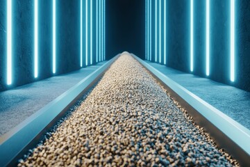 Poster - Advanced Conveyor System for Transporting Dry Bulk Cargo with Illuminated Pathway in Industrial Environment