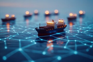 Poster - Cargo Ship Navigating a Glowing Ocean Map, Representing Modern Maritime Trade and Connectivity in a Futuristic Landscape