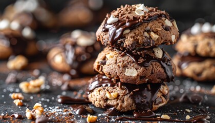 Wall Mural - Three chocolate chip cookies drizzled with chocolate and topped with white chocolate chips, stacked on top of each other, with other cookies, chocolate chips,