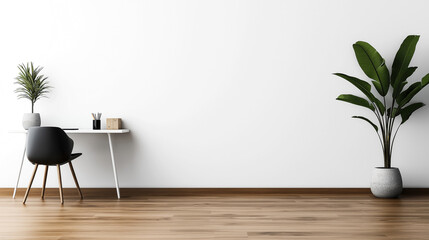 Sticker - Minimalistic home office interior with a white desk, black chair, small plant, books, and a large potted plant on wooden floor and white wall background